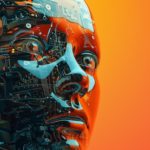 Un robot sur fond orange, avec Midjourney. Gennn, l'actualité des intelligences artificielles génératives.