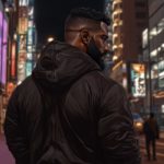 Un homme dans la rue la nuie, avec Midjourney. Gennn, l'actualité des intelligences artificielles génératives.