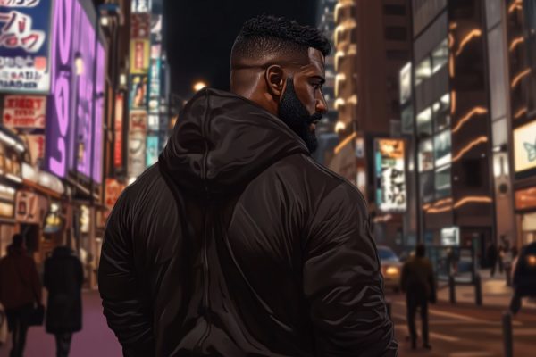 Un homme dans la rue la nuie, avec Midjourney. Gennn, l'actualité des intelligences artificielles génératives.