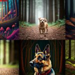 Collage de six chiens dans différents environnements forestiers, certains réalistes et d’autres plus stylisés. On y voit des chiens de tailles variées, dont un grand berger allemand et un petit terrier, dans des scènes de nature qui alternent entre réalisme photographique et styles artistiques plus créatifs, comme des champignons géants dans une forêt aux couleurs vives. Les images semblent générées par Imagen via Gemini, démontrant la capacité du modèle à produire des rendus photoréalistes et stylisés dans des styles artistiques divers. Un chien dans la forêt. Image Imagen Google Gemini. Gennn, l'actualité des intelligences artificielles génératives.