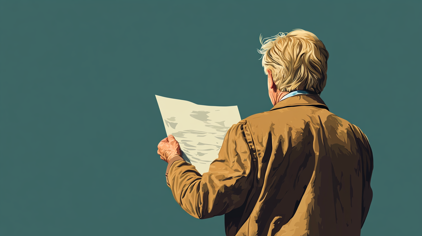 Vieil homme blond vu de dos arrachant une affiche – symbole de changement et de transformation.