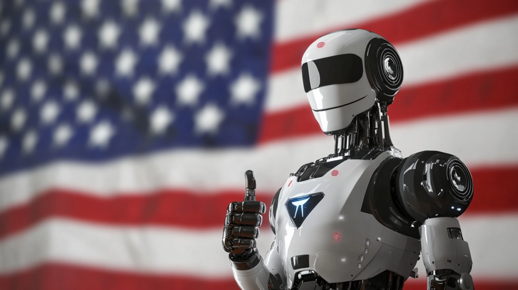 Robot levant le pouce devant un grand drapeau américain – symbole de l’innovation technologique aux USA