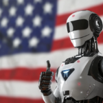 Robot levant le pouce devant un grand drapeau américain – symbole de l’innovation technologique aux USA