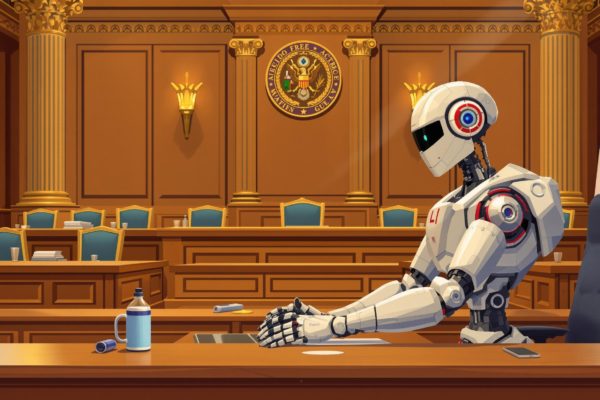 Robot assis dans un tribunal – Illustration de l’IA et de son rôle dans la justice du futur.