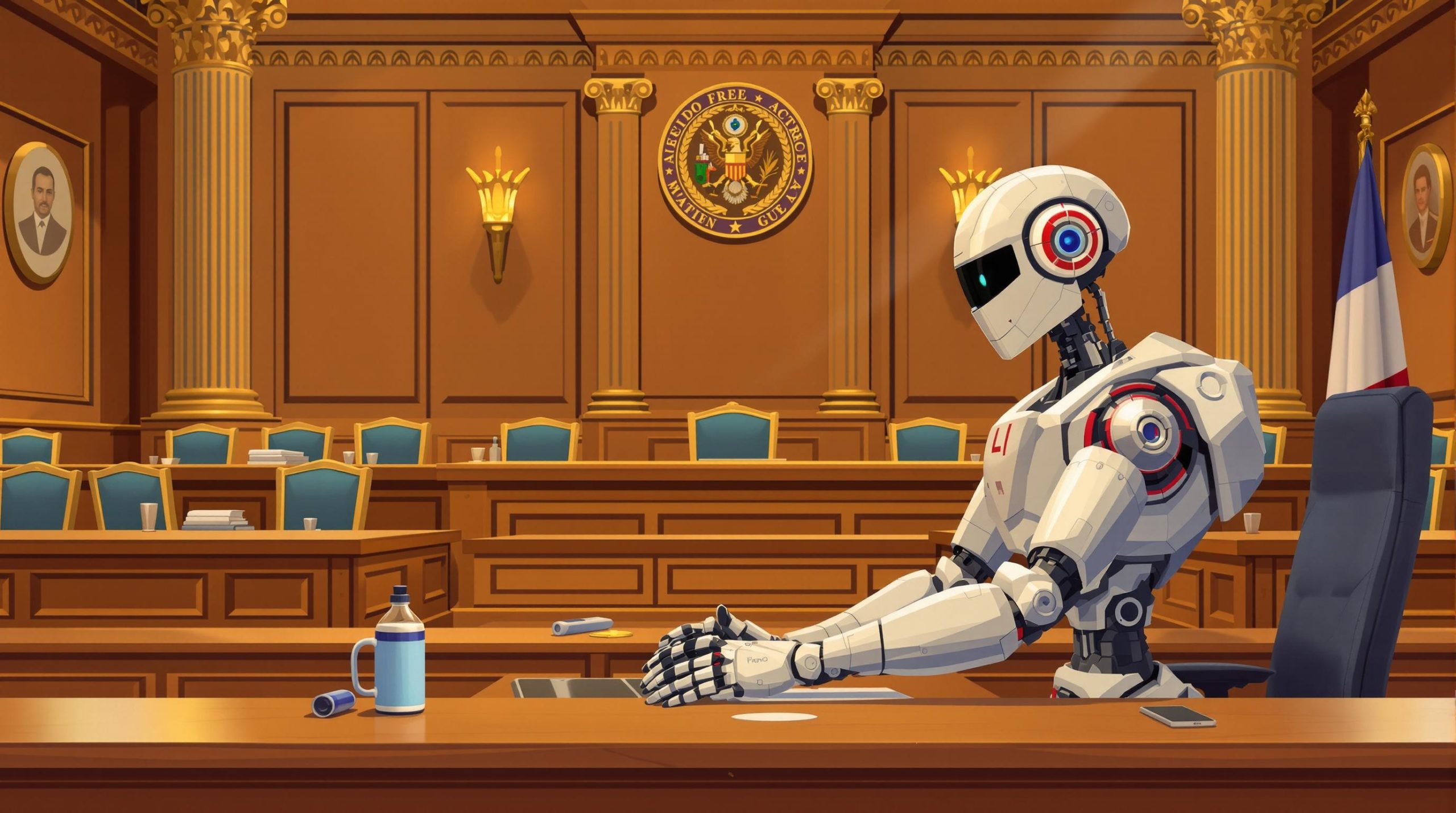 Robot assis dans un tribunal – Illustration de l’IA et de son rôle dans la justice du futur.