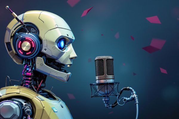 Robot futuriste chantant devant un microphone – Illustration de l’IA et de la synthèse vocale