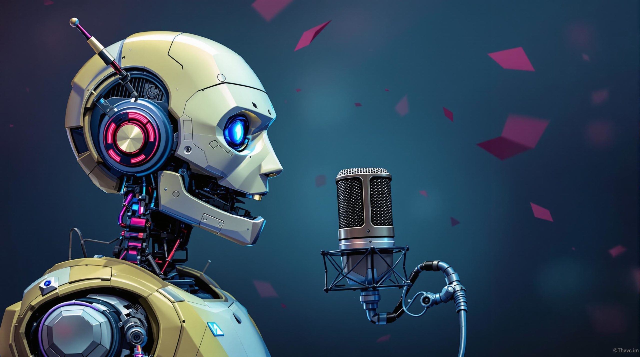 Robot futuriste chantant devant un microphone – Illustration de l’IA et de la synthèse vocale