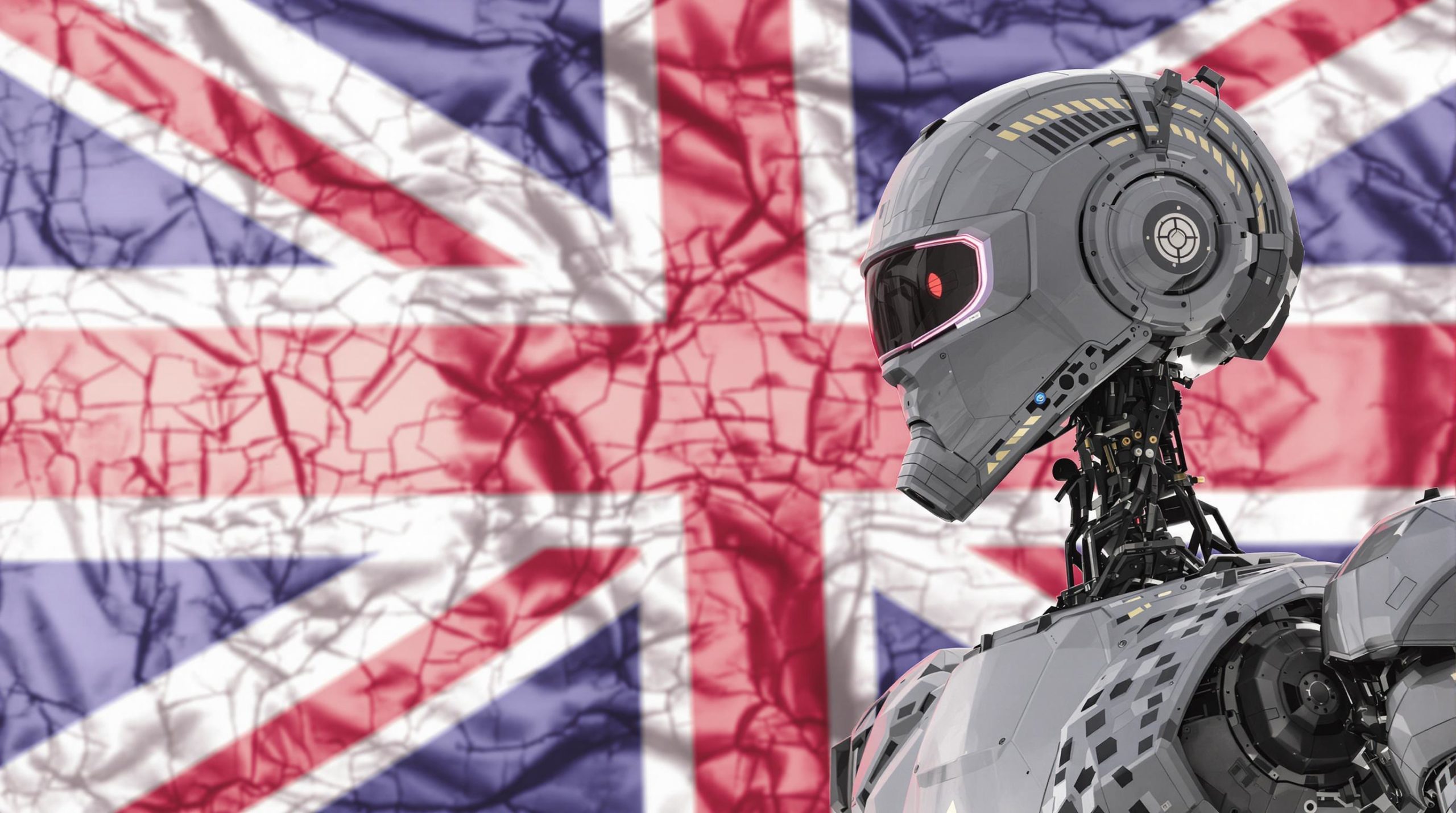 Robot futuriste devant un drapeau britannique craquelé – Illustration de l’IA et de l’avenir technologique au Royaume-Uni