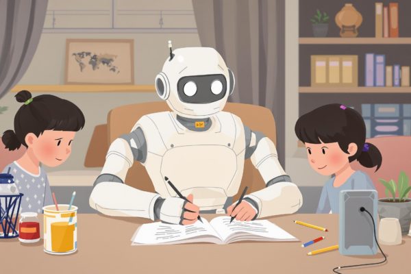 Robot humanoïde aidant deux enfants à faire leurs devoirs – Illustration de l’IA dans l’éducation