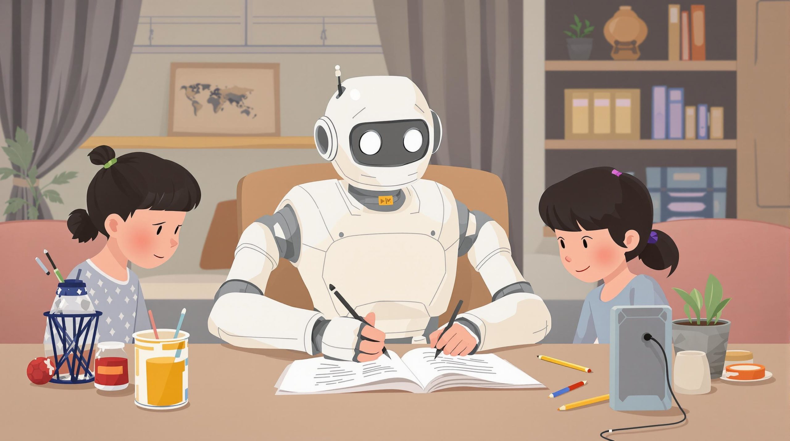 Robot humanoïde aidant deux enfants à faire leurs devoirs – Illustration de l’IA dans l’éducation