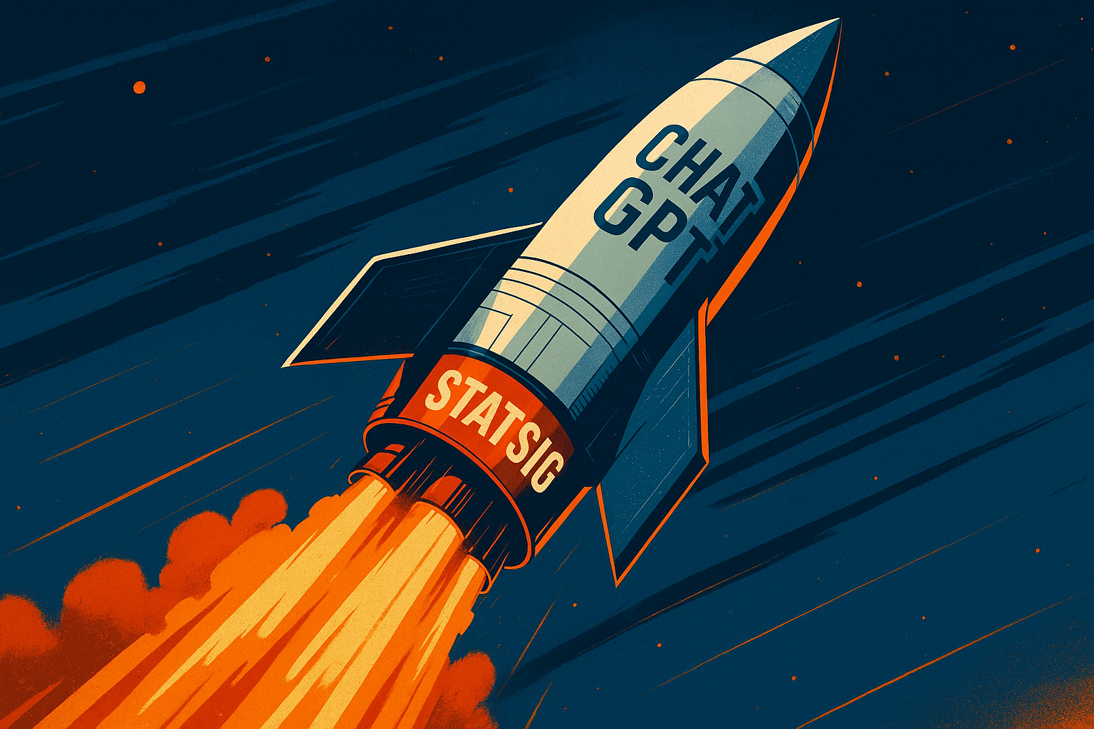 Illustration stylisée d’une fusée marquée “ChatGPT” propulsée par un moteur portant l’inscription “Statsig”, symbolisant l’accélération technologique suite au rachat de Statsig par OpenAI.