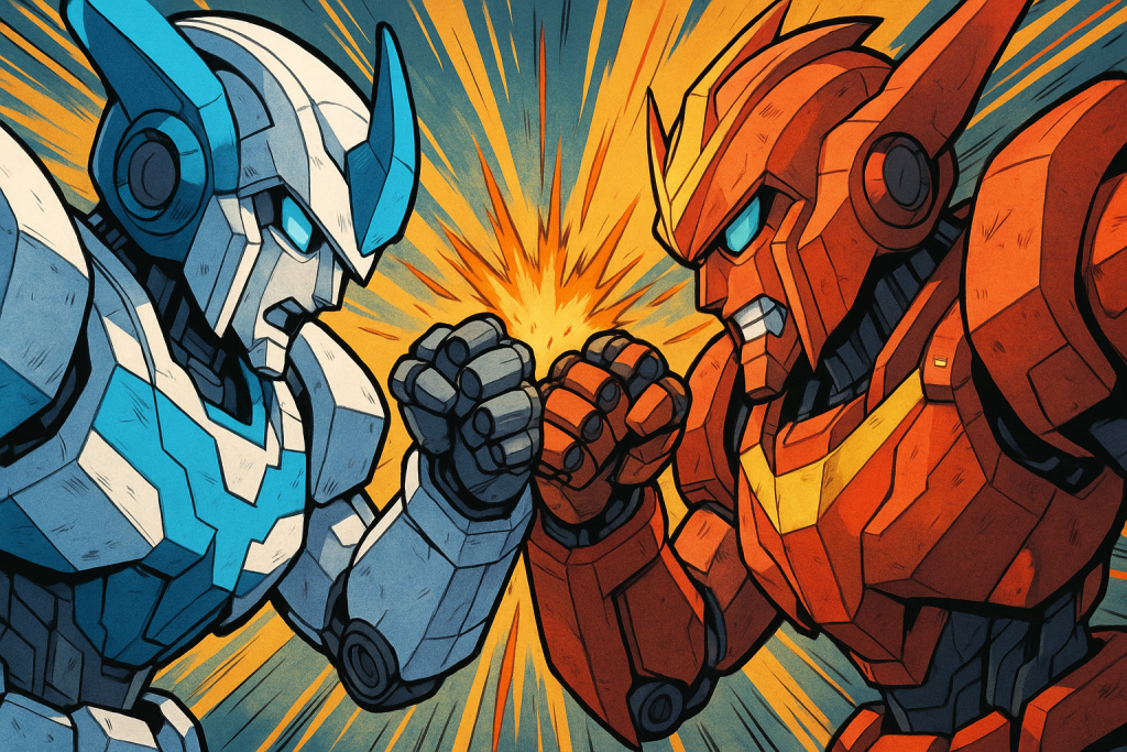 Combat entre deux robots futuristes en style manga, symbolisant la compétition entre intelligences artificielles