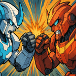 Combat entre deux robots futuristes en style manga, symbolisant la compétition entre intelligences artificielles